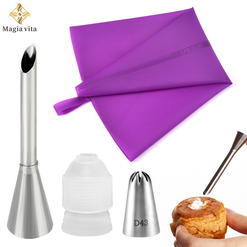 Piping Bag Disposable - DIY 再利用可能なパフケーキチップシリコーンペストリーバッグクリームバターステンレス鋼ノズル装飾ベーキング配管バッグキッチンツール