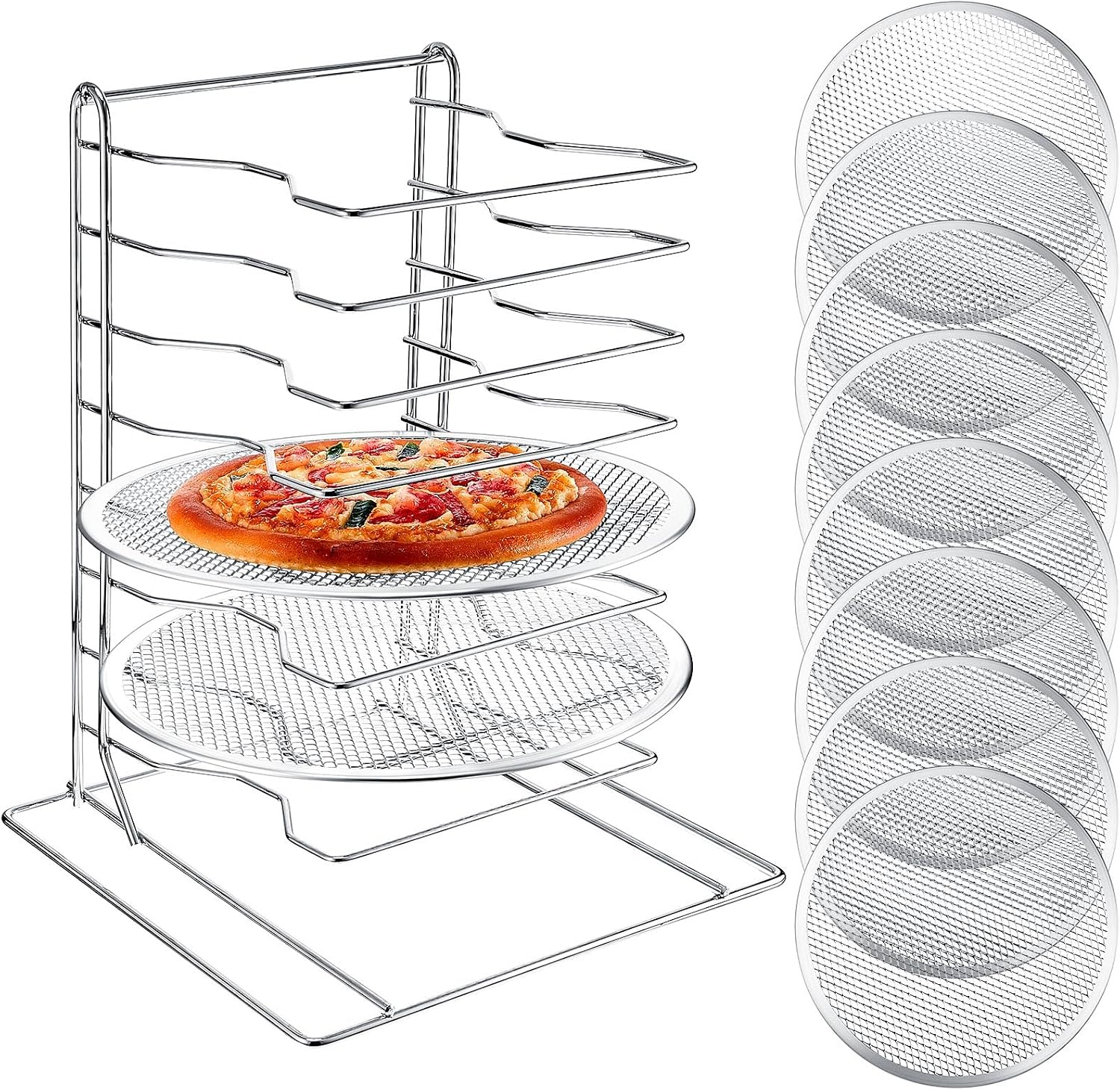 Kitchen And Baking Equipment - ピザラック 8段スタンド、穴あきアルミ製ベーキングパン8枚付き、業務用ピザ陳列棚、家庭用・レストラン・キッチン用カウンタートップ冷却ラックセット、12インチ