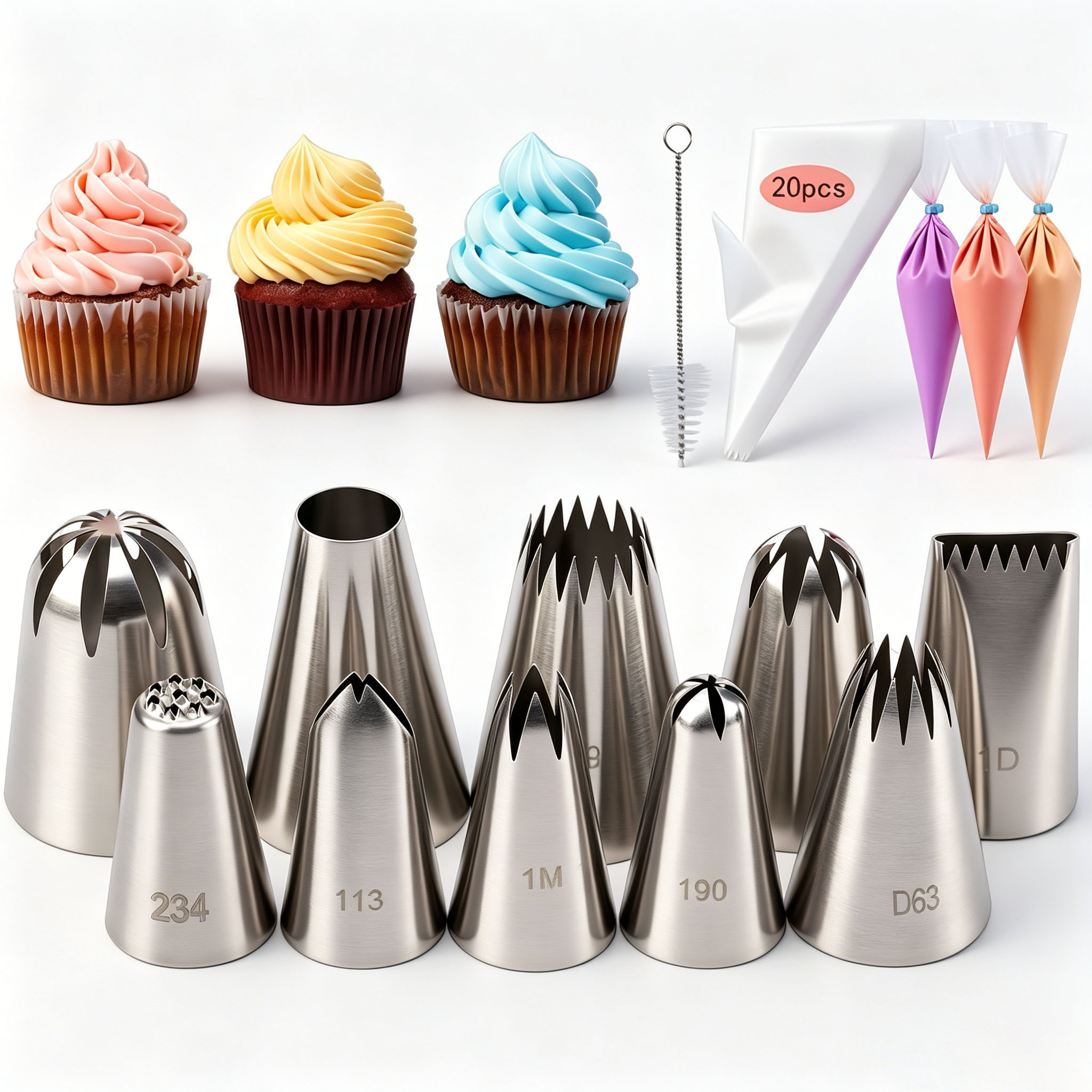 Piping Bag Disposable - 31個入りケーキデコレーションパイピングチップセット、ステンレス製アイシングノズル、使い捨てパイピングバッグ、ブラシ、初心者向けベーキングツール