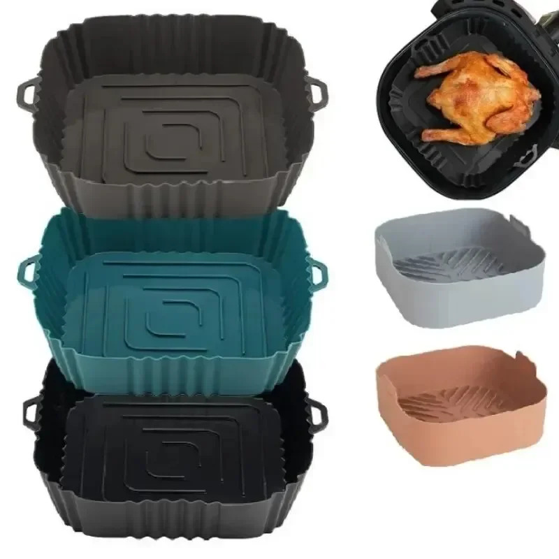 Kitchen And Baking Equipment - 1PC シリコンエアフライヤーバスケット、ピザフライドチキンベーキングアクセサリー用のラウンドスクエア再利用可能なパンライナー