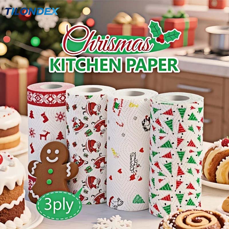 Kitchen Baking Unit - ティロンデックス クリスマス柄キッチンペーパータオル 吸水性使い捨てワイプ 料理、ベーキング、油汚れ、水垢除去用