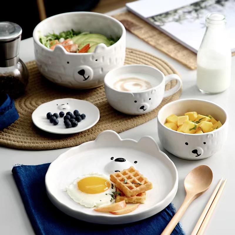 Cake Board Round - かわいい動物のボウルケーキ皿、大きなサラダスープパスタボウル、コーヒーカップ、ミルクカップ、セラミックホワイトディナープレートセット、韓国料理