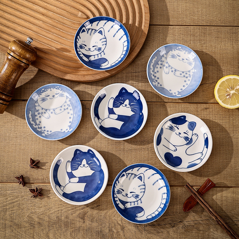 Cake Board Round - 和風セラミックデザートソース皿食器クリエイティブかわいい漫画招き猫パターン水滴形状フルーツ寿司プレート